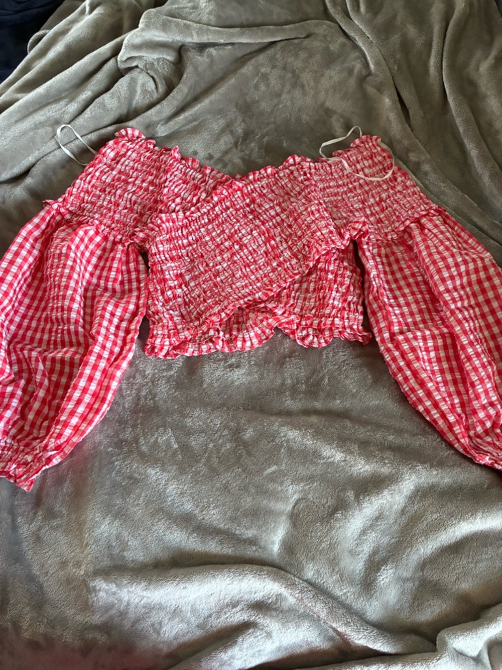 Girls Red Gingham Smocked Off-Shoulder Top